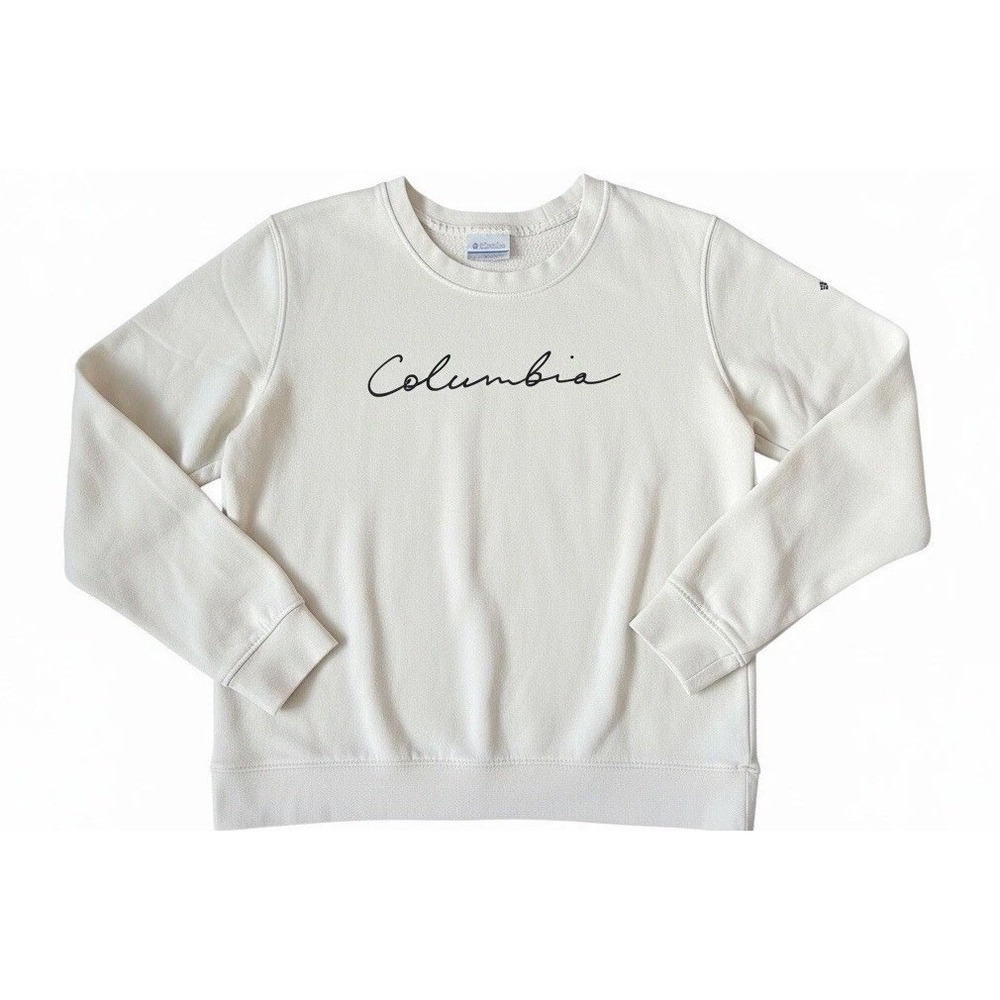 Columbia Womens Cream Script Logo Fleece Sweatshirt Crewneck Pullover Medium